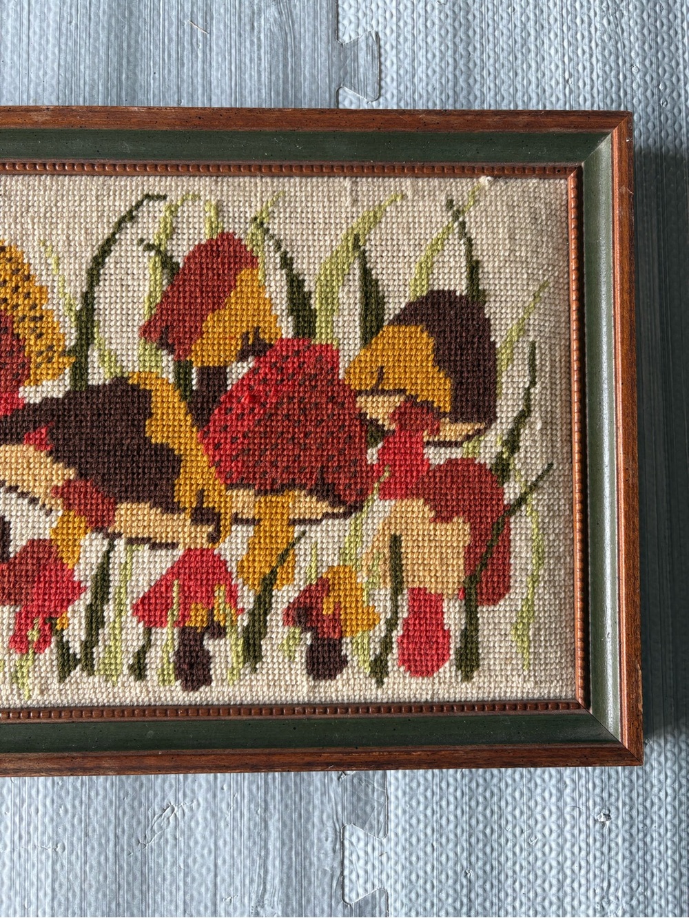 Vintage Multi-Colored Mushroom Crewel Embroidered Framed Art - Picture 5 of 8
